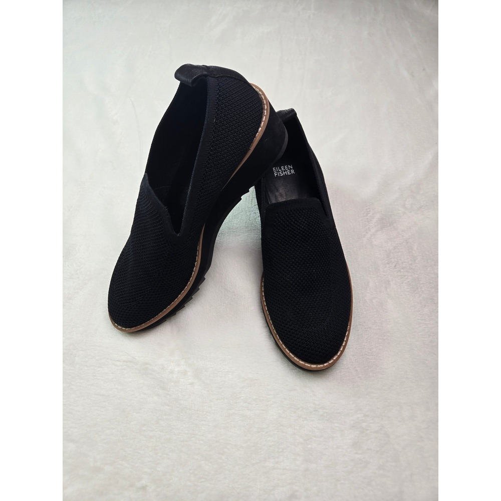 Eileen‎ Fisher Black Stretch Knit Wedge Platform Loafers Shoes Womens 8